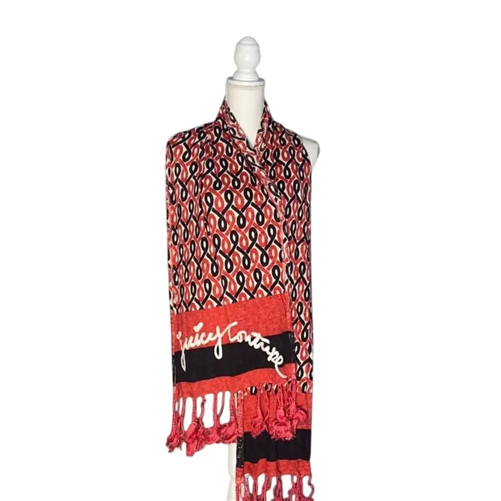 RARE! Orig Juicy Couture Y2K Red Navy White Chain Heart Scarf Fall Winter Snow